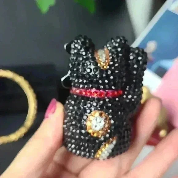 Rhinestones black lucky cat trinket box jewelry box small size good luck kitten - Picture 12 of 15